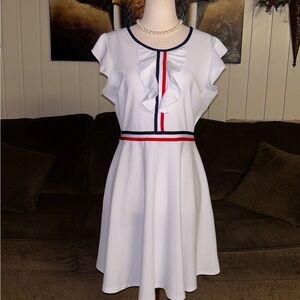 Klaxons • Vintage • Large • USA • White • Red/Blue Stripes • Stretchy • Dress